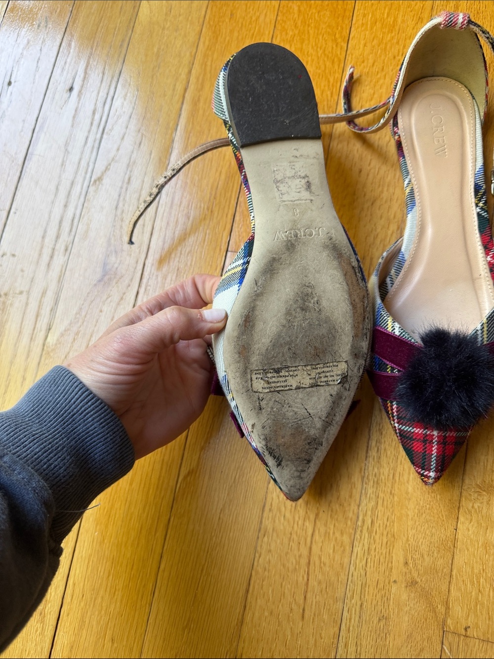 J. Crew Red and Black Plaid Pointed Slingback Flats with Pom Detail - Picture 2 of 4